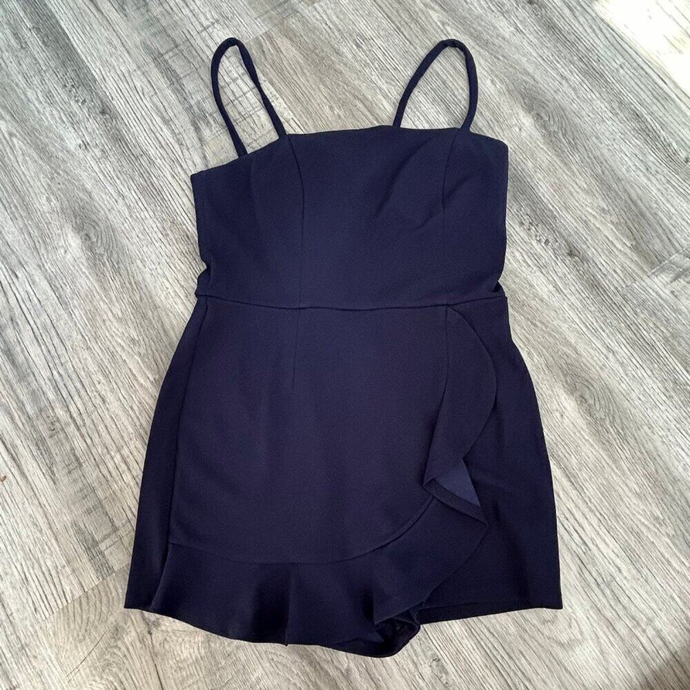 Crystal Doll Navy Ruffle Wrap Romper Spaghetti Strap Zip Back Size M Medium